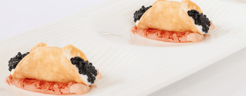 SAVORY CANNOLI WITH BASIL RICOTTA CHEESE, RED SHRIMP CARPACCIO AND CAVIAR - Caviar Dynasty