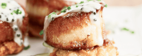 SCALLOPS WITH POTATO PANCAKES AND CAVIAR SAUCE - Caviar Dynasty